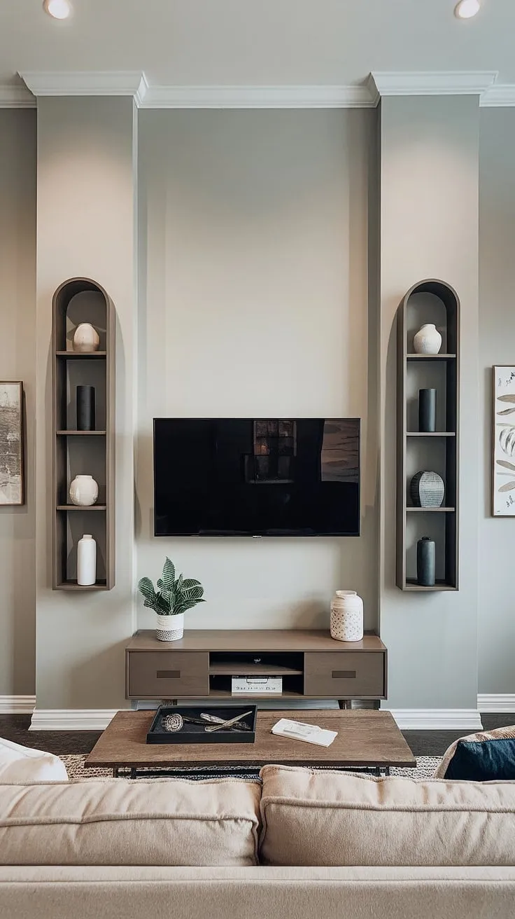 The gray walls provide a stunning backdrop for this living room's minimalist aesthetic. The focal point, a contemporary TV wall unit with flanking shelves showcasing carefully curated decorative items, is balanced by a comfortable beige sofa and a simple wooden coffee table. A space designed for relaxation and understated style.