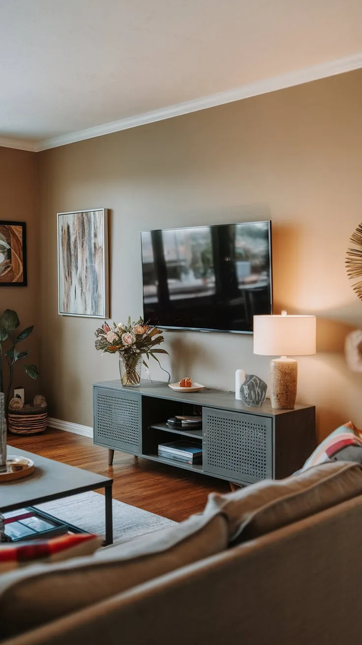 Warm lighting, a cozy couch, and a sleek, mounted TV create the perfect atmosphere for relaxing evenings. The carefully curated décor, including the vase of flowers and artwork, adds a touch of personal style to this inviting living space. A truly comfortable and stylish haven.