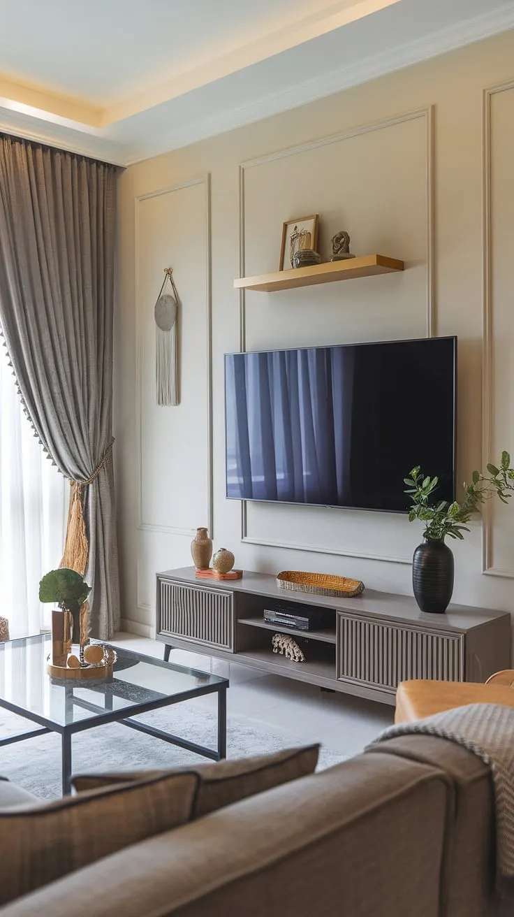 This modern living room showcases the perfect balance between form and function. The minimalist TV wall unit, adorned with subtle yet impactful décor, anchors the space while maintaining a sense of airy openness. A haven of calm and contemporary design.