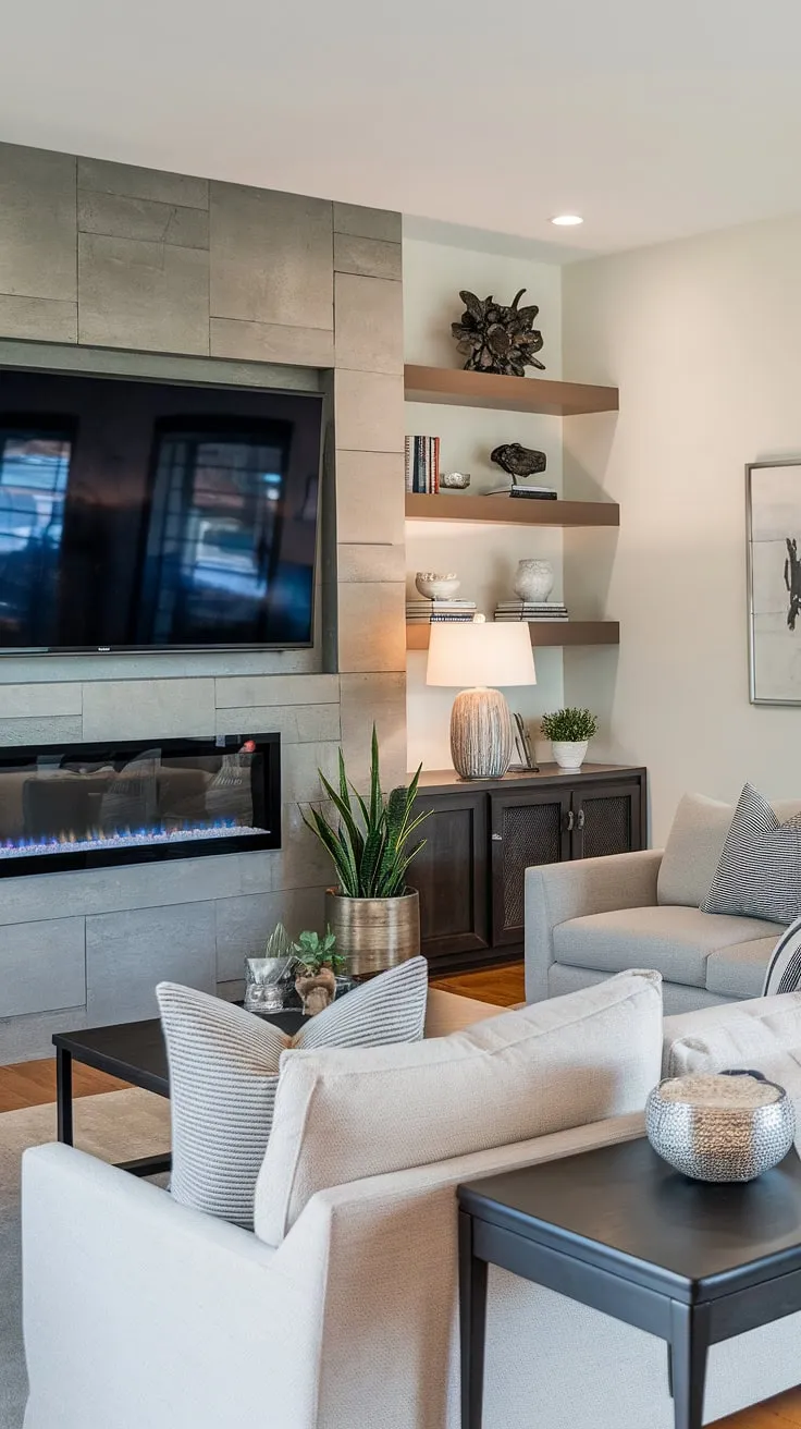 This modern living room seamlessly blends functionality and style. The sleek TV wall with integrated fireplace is a statement piece, while the carefully curated décor, including the stylish TV stand and shelving, adds personality and warmth. The hardwood floors and comfortable seating create a relaxing ambiance. A space designed for both entertaining and unwinding.