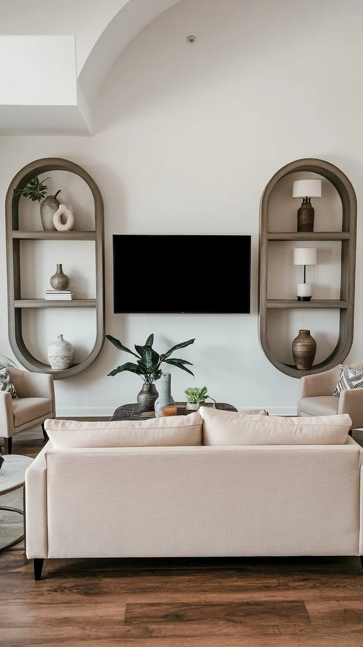 This modern living space seamlessly integrates technology and style. The TV wall, featuring custom shelving and carefully chosen décor, creates a sophisticated ambiance. The warm, inviting atmosphere is enhanced by the beige sofa and natural wood flooring, making it the ideal spot for relaxation and entertainment.