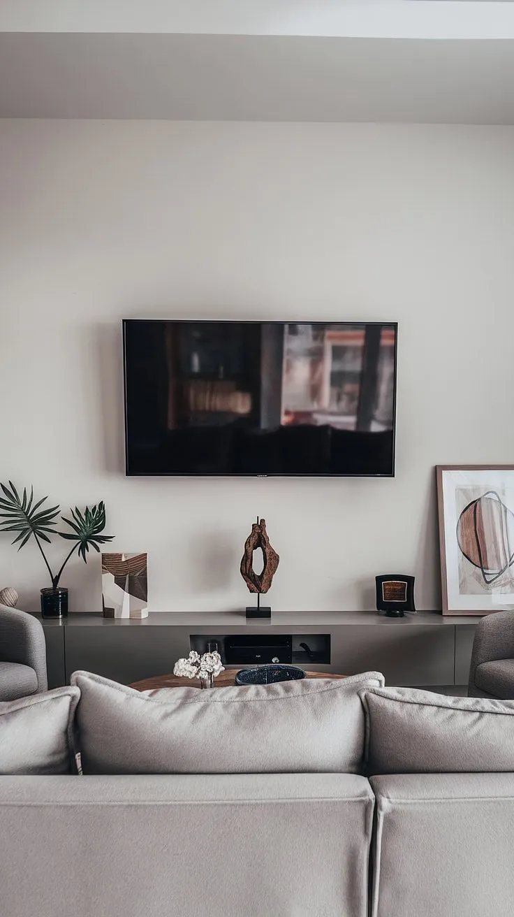 This minimalist living room, bathed in natural light, showcases a seamless blend of comfort and style. The wall-mounted TV, subtly integrated with carefully chosen décor-a vibrant plant, intriguing wooden sculpture, and a statement artwork-creates a sophisticated and inviting atmosphere. A perfect example of how less can be more.