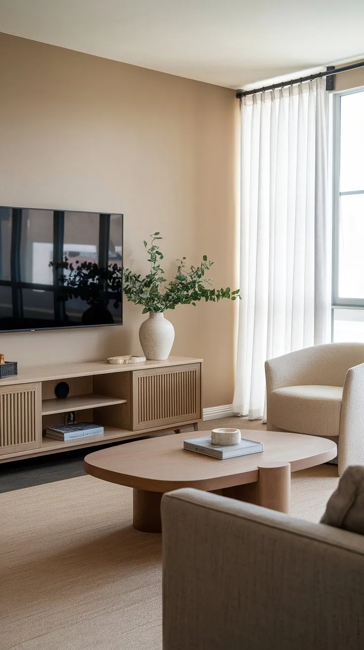 This modern living room seamlessly blends style and functionality. The wall-mounted TV and sleek TV stand, adorned with a touch of greenery, add a sophisticated touch without overwhelming the space. The comfortable seating arrangement, featuring a grey sofa and a beige armchair, provides ample room for relaxation and conversation, making it the ideal setting for a quiet evening at home.