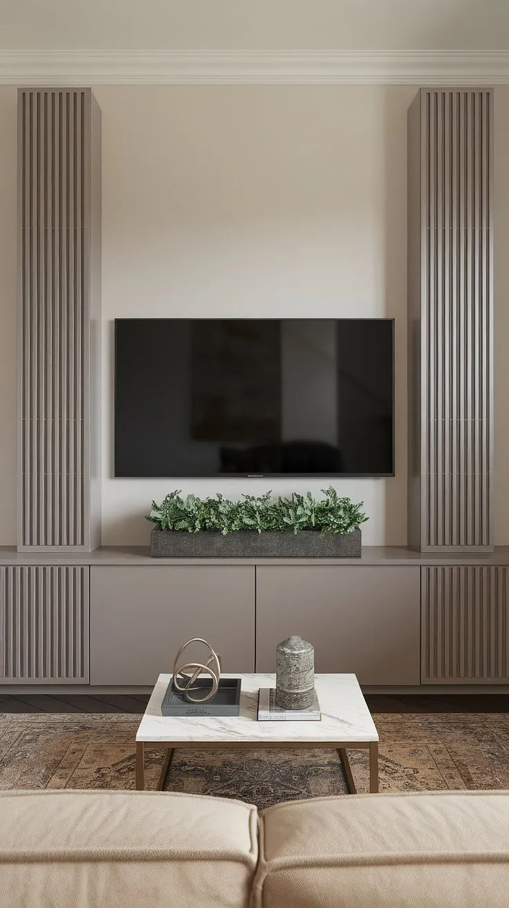 This living room showcases the beauty of understated elegance. The neutral palette is enlivened by the lush greenery and carefully chosen accessories. The sleek, built-in TV unit provides ample storage without compromising on style, creating a space that is both functional and aesthetically pleasing. A haven of tranquility and modern sophistication.