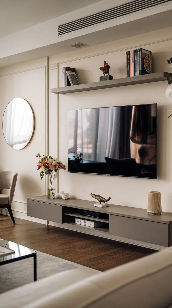 Modern living redefined. The sleek TV wall, complete with curated décor and a comfortable seating arrangement, creates a sophisticated and inviting atmosphere. A perfect blend of form and function, this space effortlessly balances style and comfort. A testament to thoughtful design.