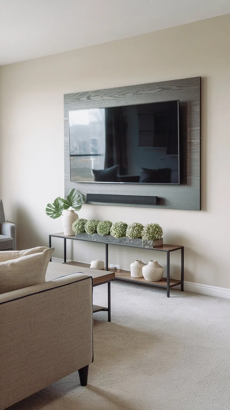 This living room's design is a masterclass in minimalist elegance. The clean lines of the TV unit and the subtle pops of green from the plants create a serene and inviting space, perfect for relaxation and entertainment. The neutral color palette enhances the overall feeling of calm.