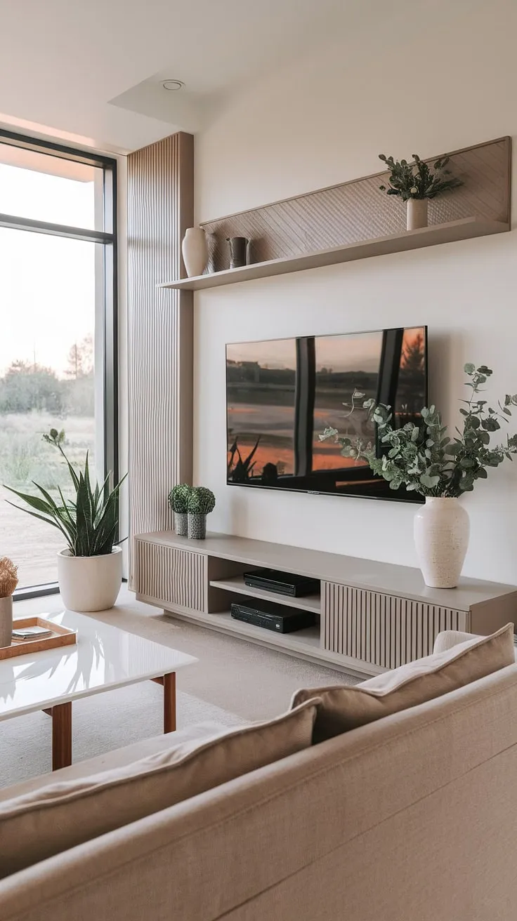 This living room's understated elegance speaks volumes. The neutral palette, punctuated by pops of greenery, creates a serene atmosphere. The thoughtfully designed TV wall and stand, along with the carefully chosen accessories, contribute to the overall sense of calm and sophistication. A space designed for relaxation and mindful living.