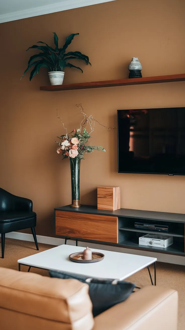 This living room effortlessly blends modern aesthetics with a welcoming atmosphere. The neutral color palette, complemented by the textured wooden elements of the TV stand and the lush greenery, creates a calm and inviting space. The carefully curated décor, from the floating shelf to the vase of flowers, showcases a keen eye for detail.