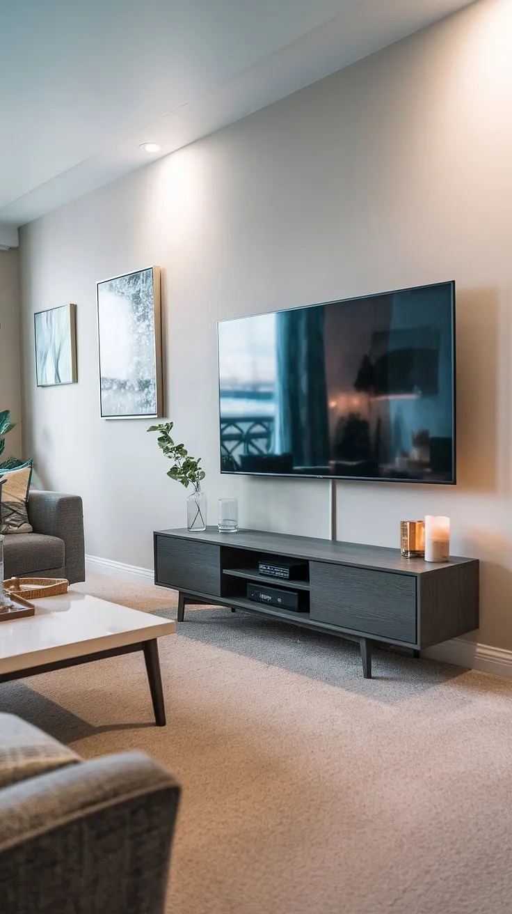 Modern living, effortlessly styled. The sleek dark wood TV stand complements the minimalist aesthetic, creating a calming and sophisticated atmosphere. A touch of greenery and soft candlelight add warmth to the space.