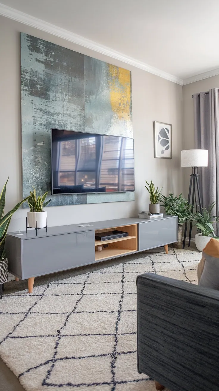This living room's design is a masterclass in understated elegance. The sleek TV wall, paired with the calming grey tones and pops of color from the artwork and pillows, makes it the perfect space to unwind and relax. A sanctuary for the modern home.