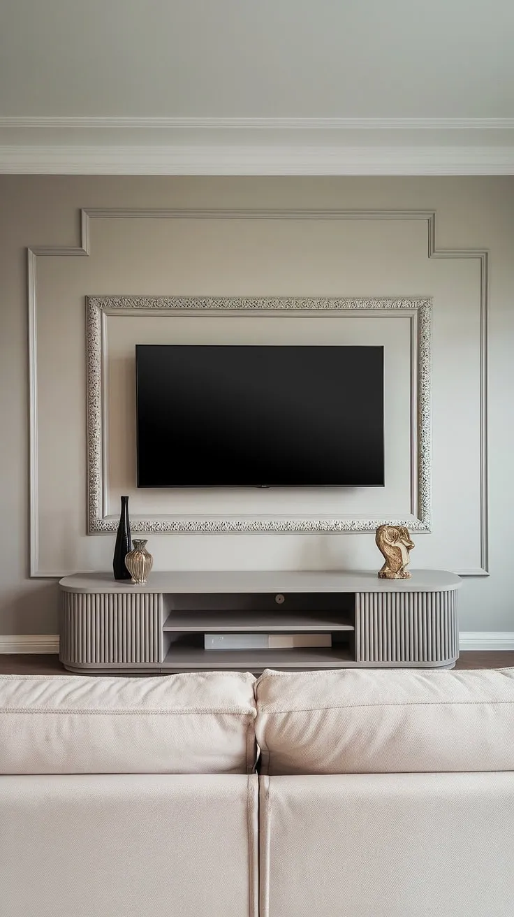 This modern living room showcases a stunning TV wall, seamlessly integrating the large screen with the minimalist design. The curved TV stand adds a touch of elegance, while the light grey walls create a calming atmosphere. A haven of understated luxury.