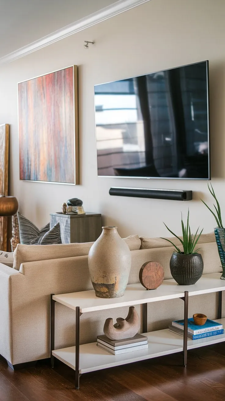 Modern living, effortlessly styled. The vibrant artwork complements the sleek TV and minimalist furniture, creating a space that's both sophisticated and inviting. A perfect blend of textures and colors defines this calming sanctuary.