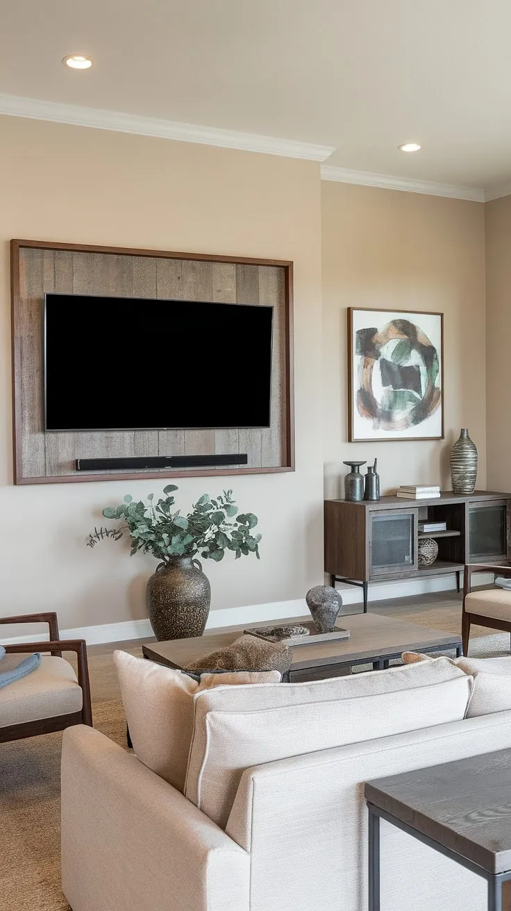 This modern living room seamlessly blends comfort and style. The warm beige tones create a relaxing atmosphere, perfectly complemented by the sleek wooden TV wall and the understated elegance of the furnishings. A touch of greenery adds a vibrant accent, completing the sophisticated yet inviting ambiance. A truly calming space.
