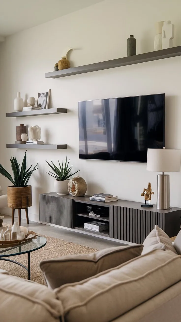 Modern living, effortlessly styled. The sleek black TV stand, complemented by the warm beige tones of the sofa and rug, creates a calming and sophisticated atmosphere. A touch of nature with the plant adds a vibrant element to this perfectly curated space.