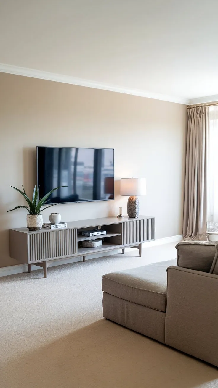 Modern living room goals achieved. The sleek TV stand, complemented by a touch of greenery and soft lighting, creates a calming atmosphere perfectly balanced with the comfort of the large sofa. A truly inviting space.