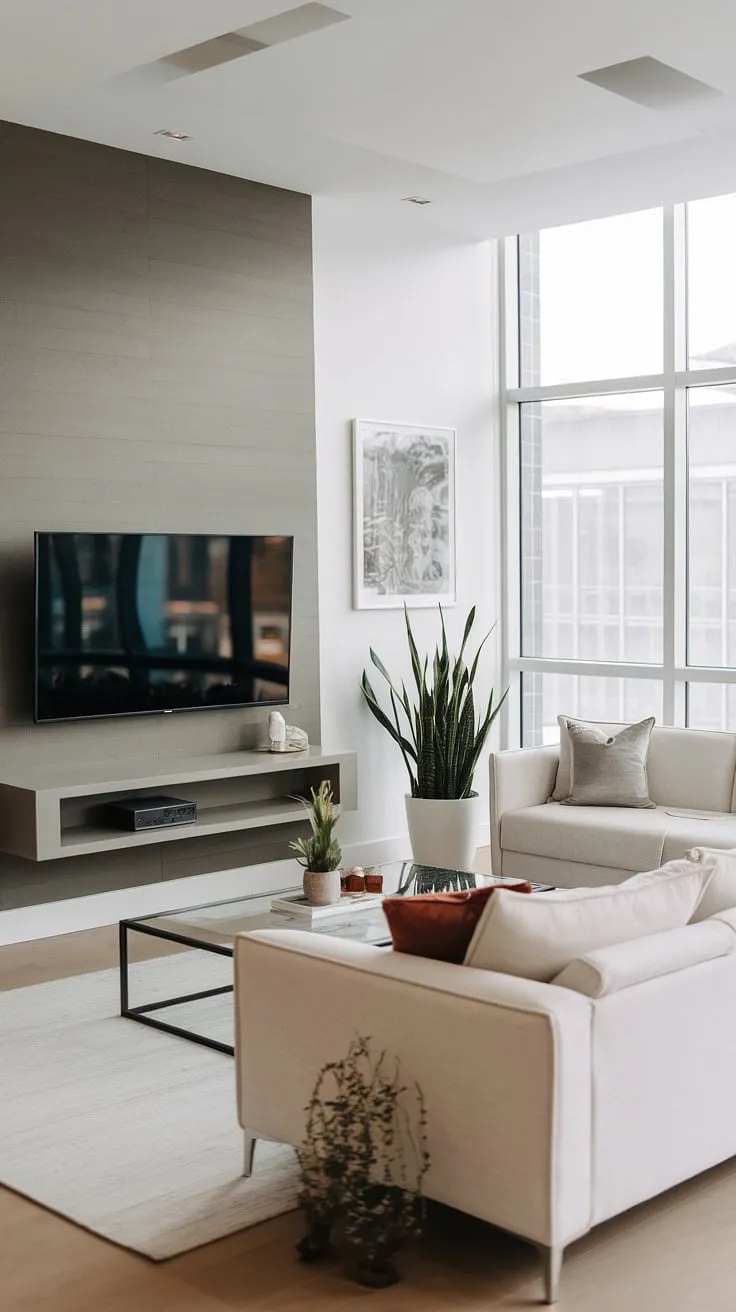 Sunlight streams through the large window, illuminating the airy living room. The minimalist TV stand, complemented by a floating shelf and carefully chosen artwork, creates a sophisticated yet relaxed atmosphere. A perfect blend of form and function, this space is designed for both comfort and style.