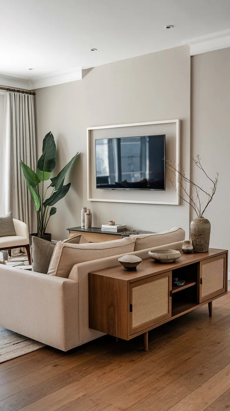 This modern living space seamlessly blends functionality and style. The neutral color palette, punctuated by the natural textures of the wood and the vibrant green plant, creates a tranquil retreat. The thoughtfully arranged décor on the TV stand adds personality without overwhelming the space, resulting in a sophisticated and inviting ambiance.