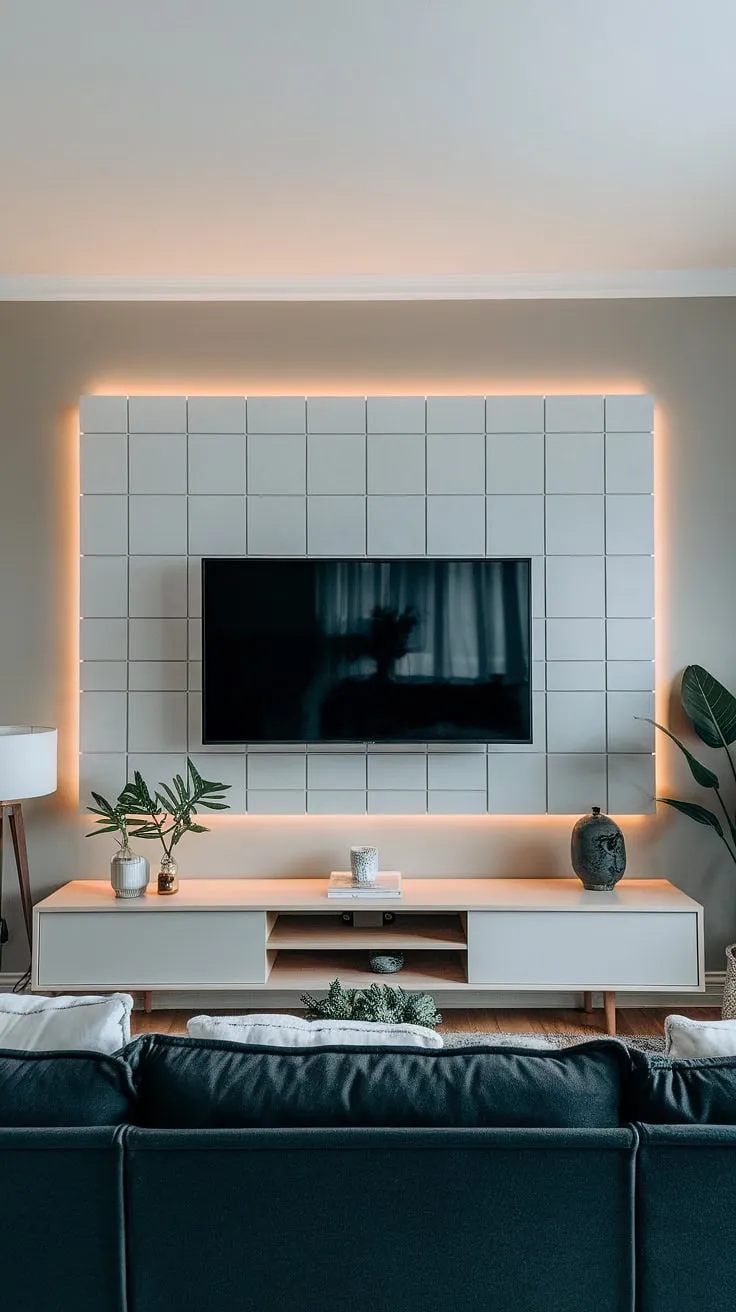 Sophisticated simplicity defines this living room. The sleek TV wall, subtly illuminated, anchors the space, while the clean lines of the furniture and carefully chosen accessories create a sense of calm and understated elegance. A perfect blend of form and function.