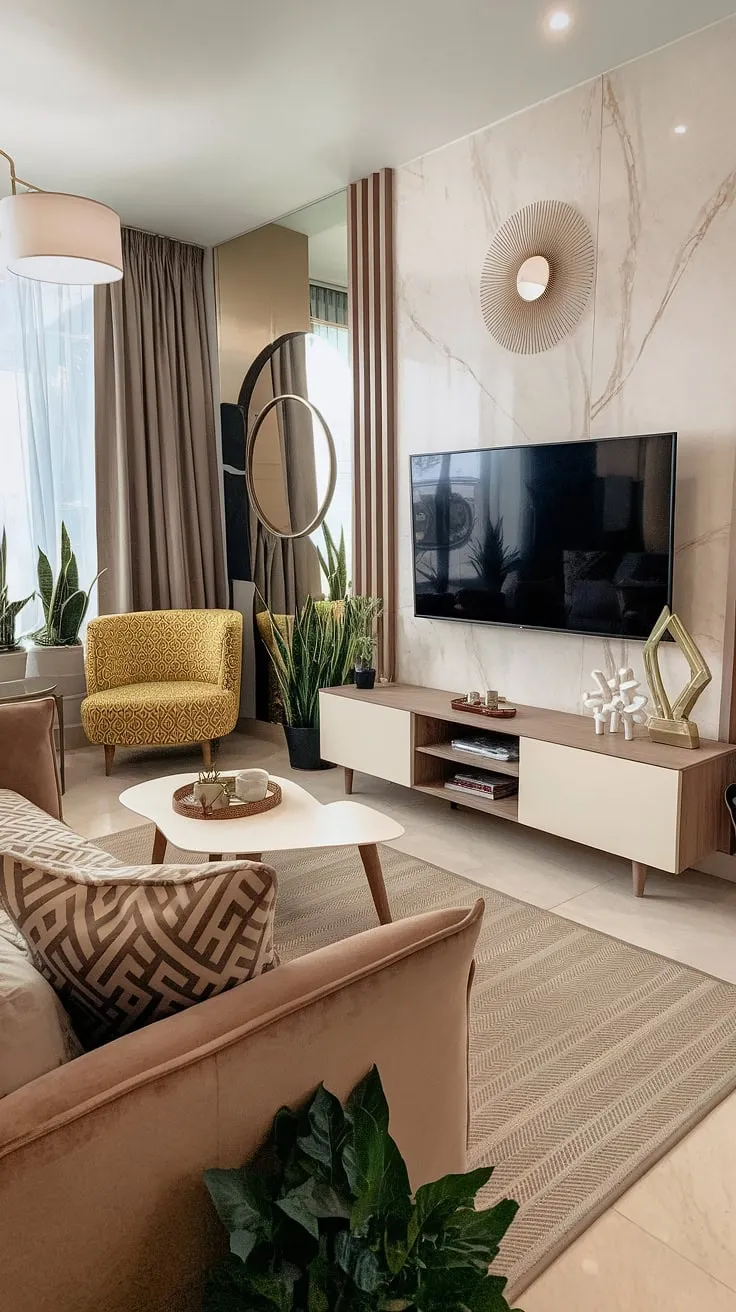 This modern living room effortlessly blends comfort and style. The geometric cushions on the beige sofa add a touch of playful texture, while the yellow armchair provides a vibrant pop of color against the neutral palette. The carefully curated décor, including the statement mirror and thoughtfully placed plants, creates a welcoming and sophisticated atmosphere. A perfect space to unwind and enjoy a quiet evening.