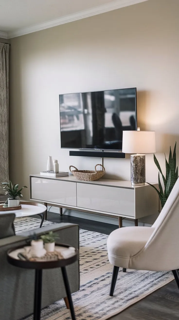 Clean lines and comfortable spaces define this living room. The minimalist TV stand provides functional storage without sacrificing style, while the carefully chosen accessories add personality and warmth to the neutral palette. A perfect blend of form and function.