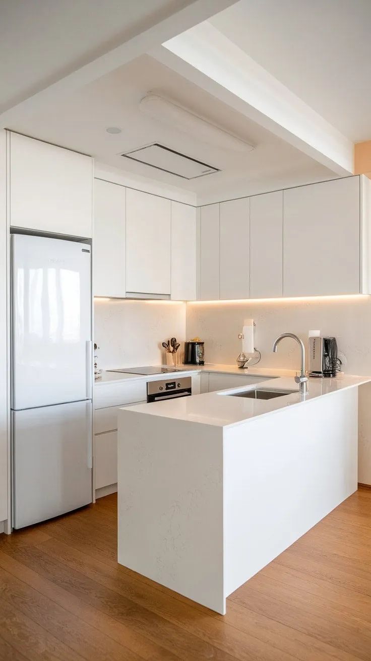 This sunlit U-shaped kitchen, with its minimalist island and sleek appliances, is a pristine sanctuary that inspires culinary creativity.