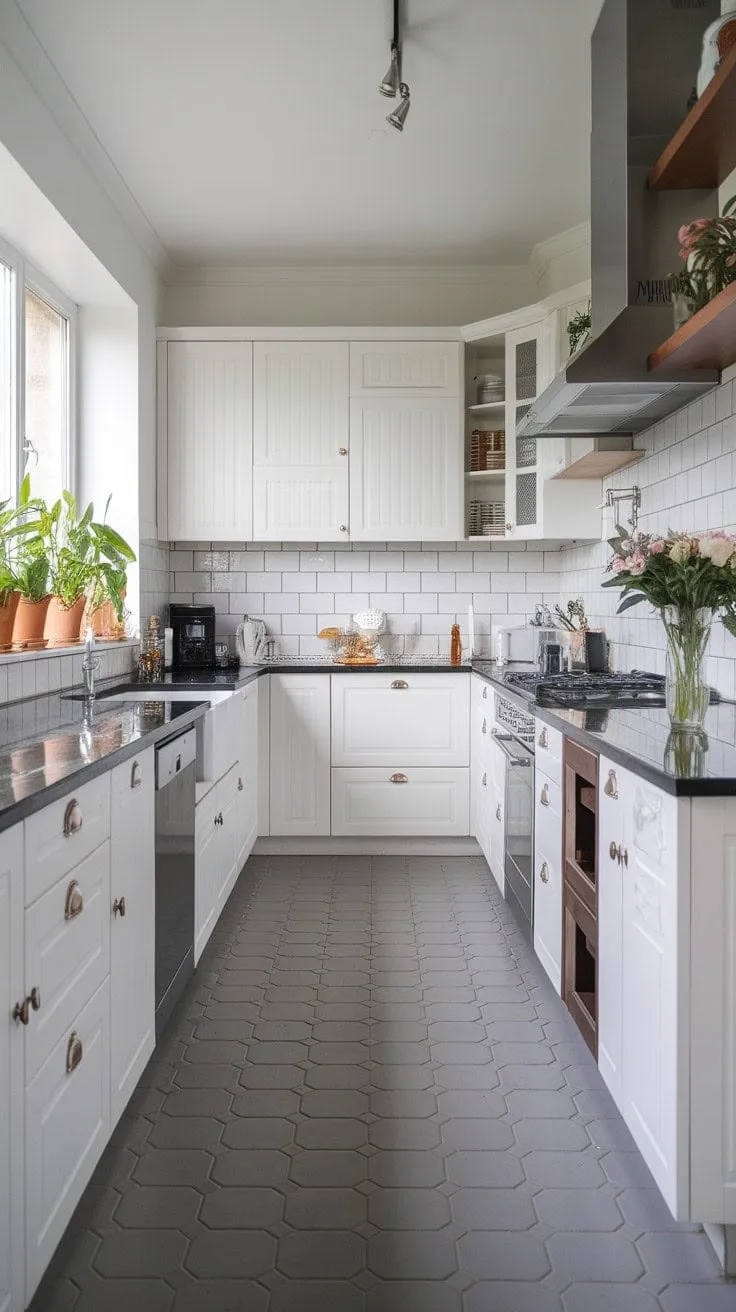 This U-shaped kitchen masterfully combines sleek black countertops and white cabinetry with vibrant potted plants and patterned tiles, creating an elegant yet functional space.