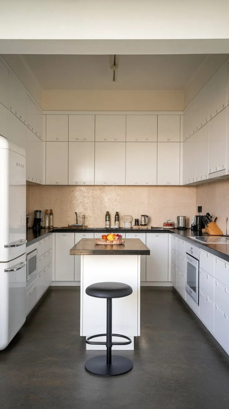 This modern kitchen beautifully blends crisp white cabinets with dark countertops and a warm beige backsplash, all illuminated by natural light and anchored by a cozy island for casual gatherings.