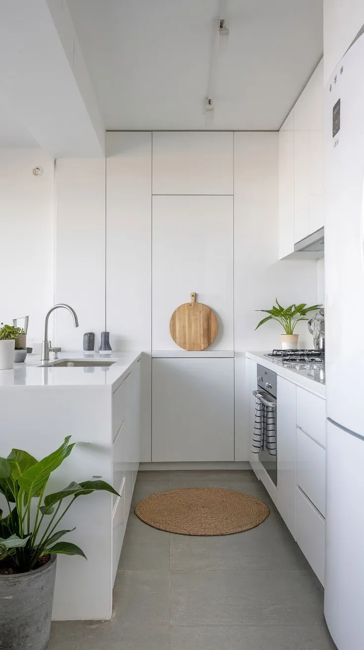 This minimalist kitchen, adorned with clean lines and soothing colors, transforms into a serene sanctuary through its seamless design and strategic placement of elements.