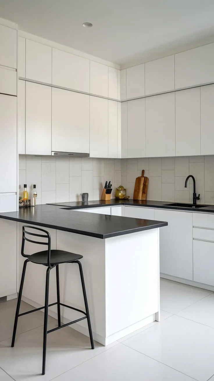 This minimalist kitchen masterfully contrasts stark white cabinetry with deep black countertops, accented by a chic black faucet and barstool for a stunningly functional design.