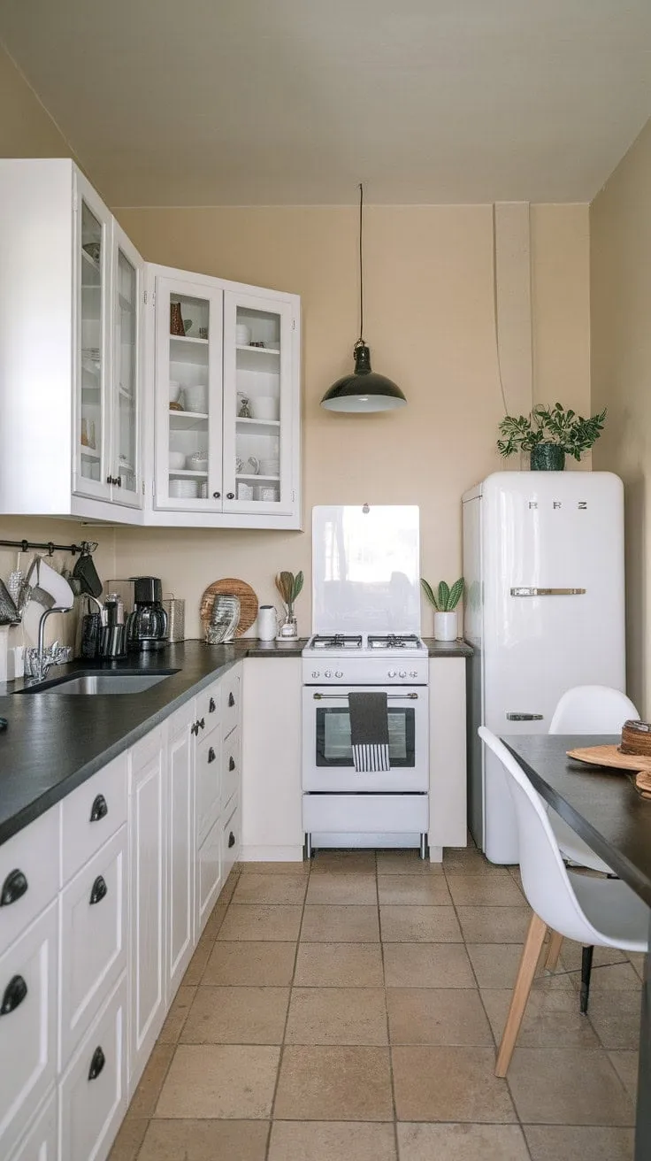 This minimalist U-shaped kitchen elegantly balances crisp white cabinets with dark countertops, blending sophistication with inviting functionality.