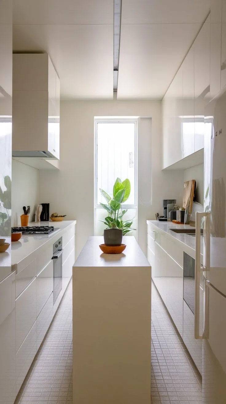 This minimalist kitchen blends clean lines and soothing colors into a serene U-shaped retreat, ideal for enjoying quiet moments over tea.
