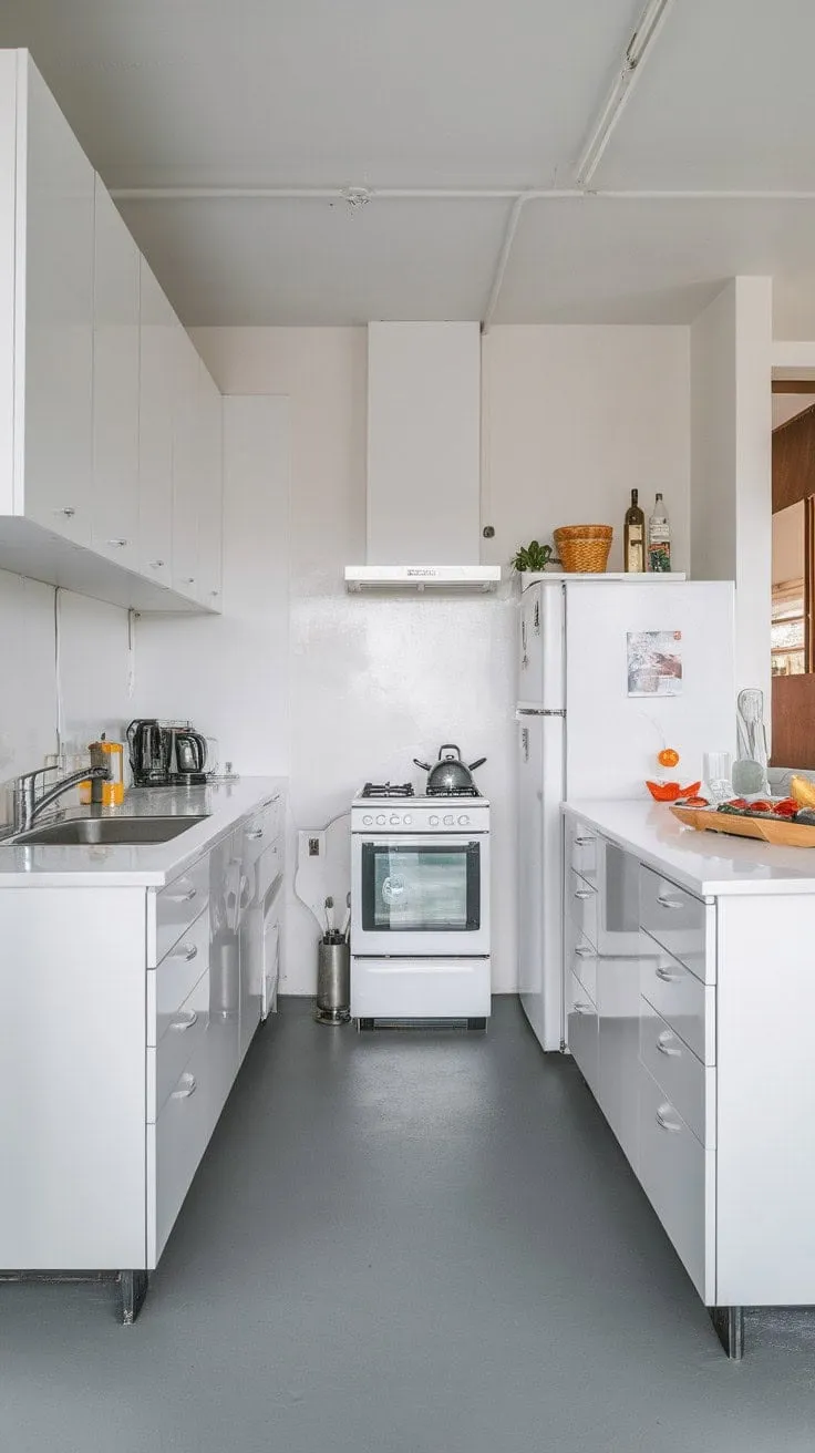 This U-shaped kitchen combines stunning white cabinetry and sleek appliances with a sophisticated gray floor, creating a beautiful and practical culinary haven.