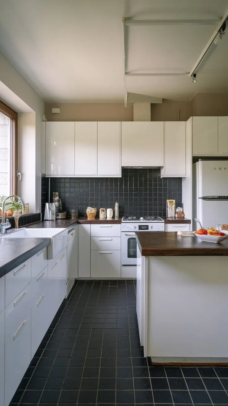 This U-shaped kitchen masterfully combines sleek design and functionality, featuring a striking contrast of dark countertops against bright white cabinetry, all bathed in natural light.
