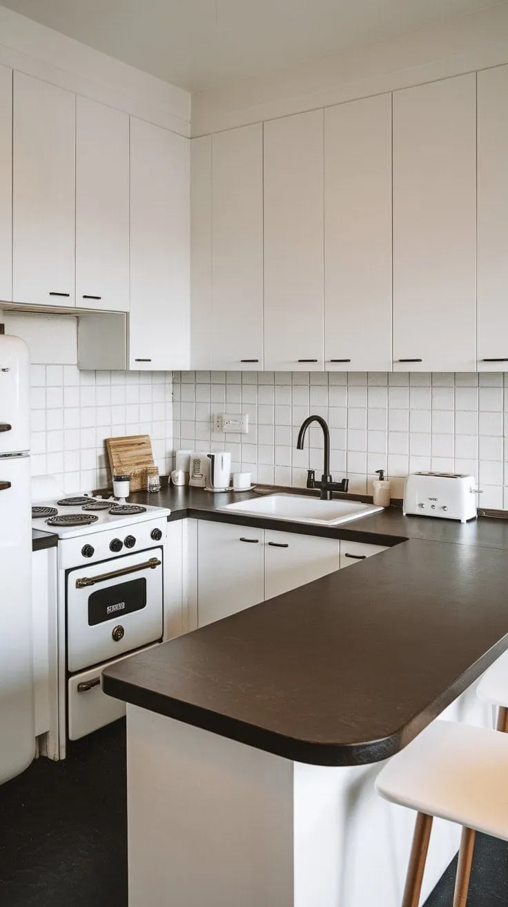 This U-shaped kitchen elegantly balances dark countertops with crisp white cabinetry, enhanced by a whimsical white chair that adds a touch of lightness.