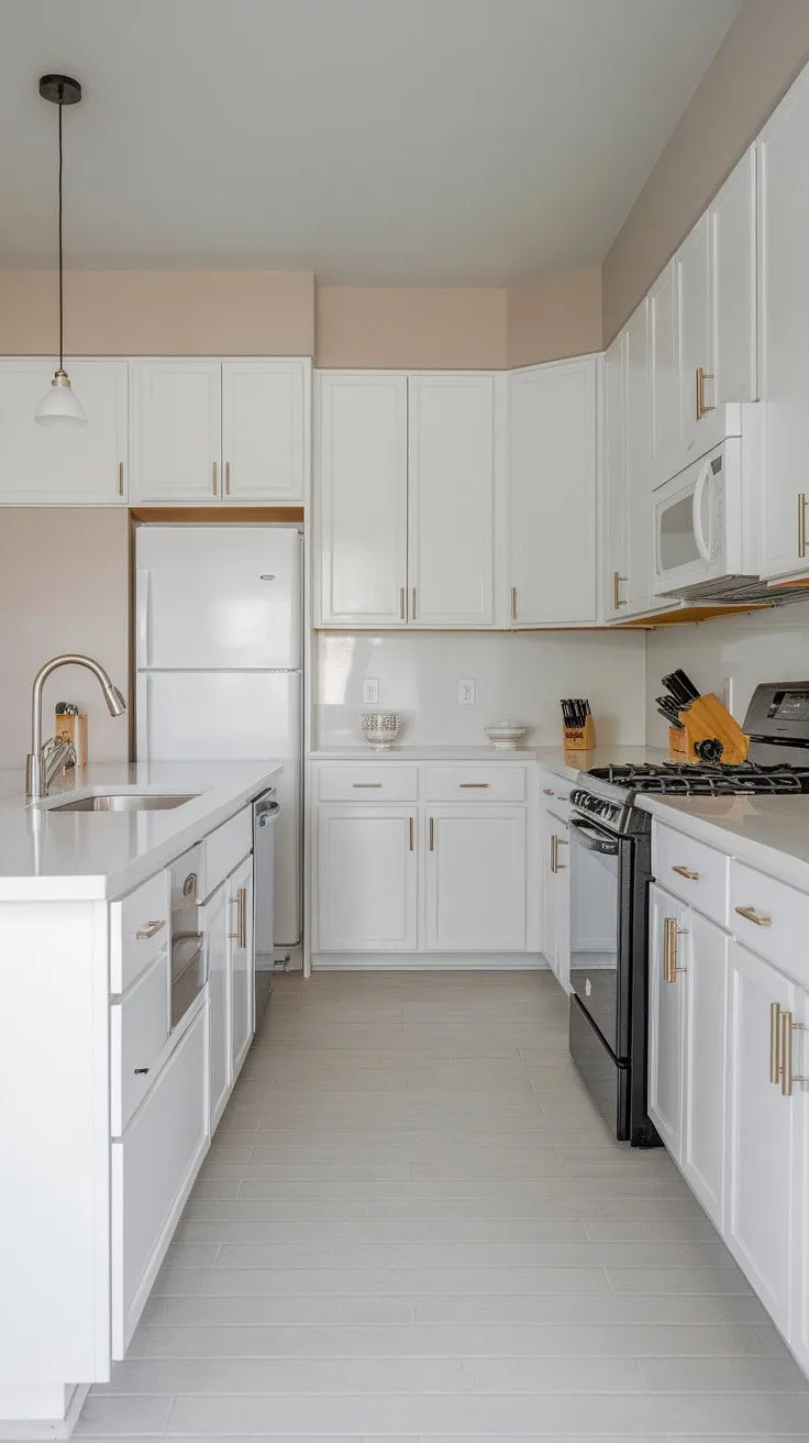 This sleek all-white kitchen, accented by grey flooring and a black stove, embodies minimalist elegance while offering a sophisticated backdrop for culinary creativity and entertaining.