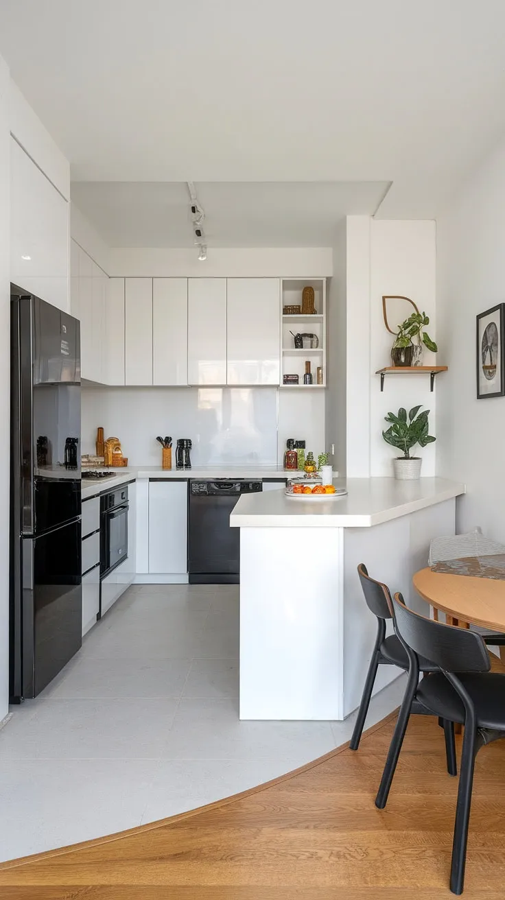 Clean lines and a sophisticated color palette define this dream kitchen. The spacious U-shaped design maximizes functionality, while the white cabinets and countertops create a sense of openness and calm. Black appliances add a touch of modern contrast, making this the heart of any home.