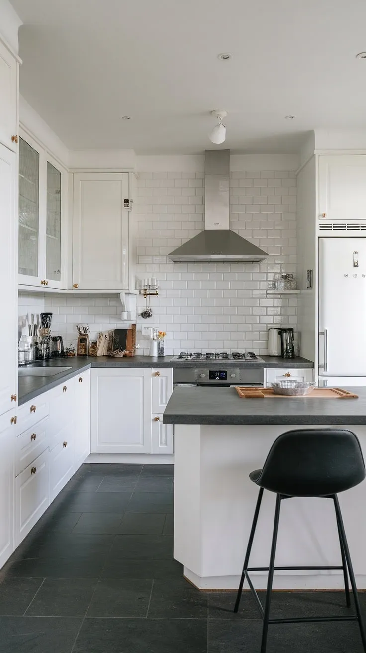 This modern kitchen's design is a masterpiece of clean lines and contrasting textures. The white cabinets and backsplash are beautifully offset by the dark gray countertops and flooring, creating a sophisticated and functional space. The island, complete with a barstool, adds a touch of casual elegance.