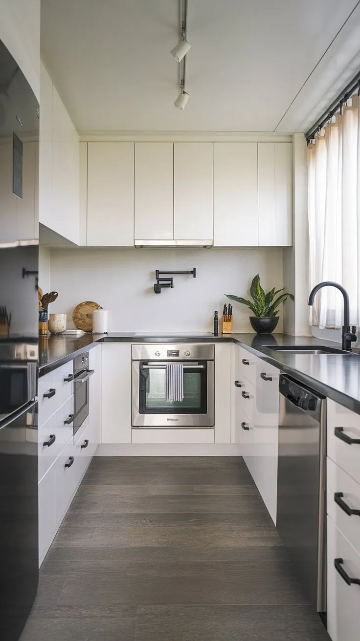 Sleek and sophisticated, this U-shaped kitchen boasts modern white cabinetry, dark countertops, and stainless steel appliances, creating a space that's both stylish and functional. The black wall-mounted faucet adds a touch of unexpected drama, while the potted plant brings a hint of nature to this beautifully designed culinary haven.