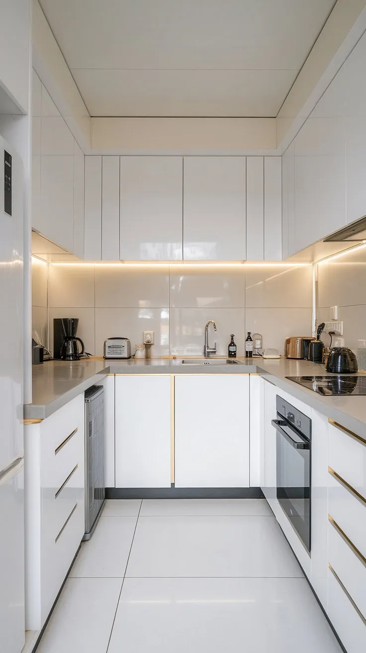 Clean lines and a calming color palette define this efficient U-shaped kitchen. The integrated appliances and ample counter space make meal preparation a breeze. A perfect blend of form and function, this kitchen is a testament to thoughtful design and smart space planning.
