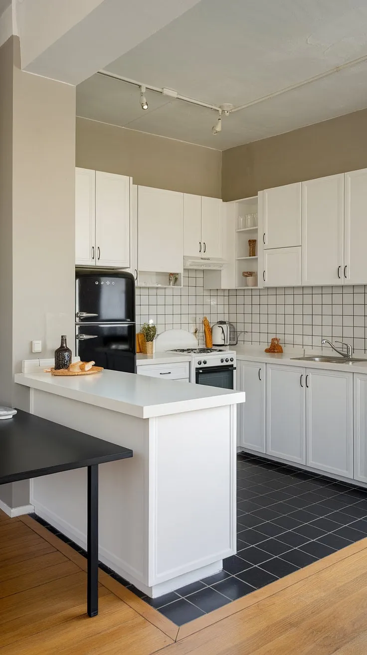 Sleek lines and a dramatic contrast define this modern kitchen, where the crisp white cabinetry and black countertops create a sophisticated space perfect for culinary creativity. The U-shaped design maximizes efficiency, while the island provides a versatile workspace and casual dining area. A perfect blend of form and function.