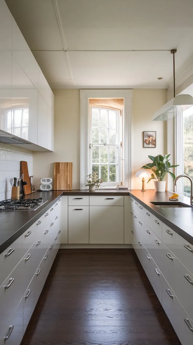 Clean lines, dark countertops, and a view that steals the show. This U-shaped kitchen is the epitome of modern minimalist design, a perfect blend of functionality and style. The natural light streaming in highlights the sleek white cabinetry, creating a bright and airy space, perfect for culinary adventures.