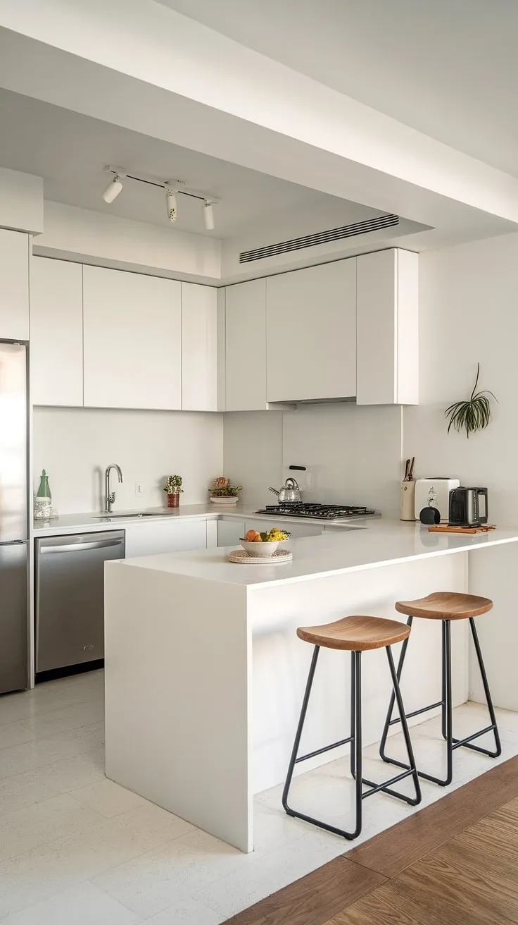 A pristine all-white kitchen, designed for effortless living. The U-shaped layout maximizes space and functionality, while the peninsula provides a perfect spot for casual dining with two sleek stools. A minimalist dream, this kitchen is both beautiful and incredibly practical.