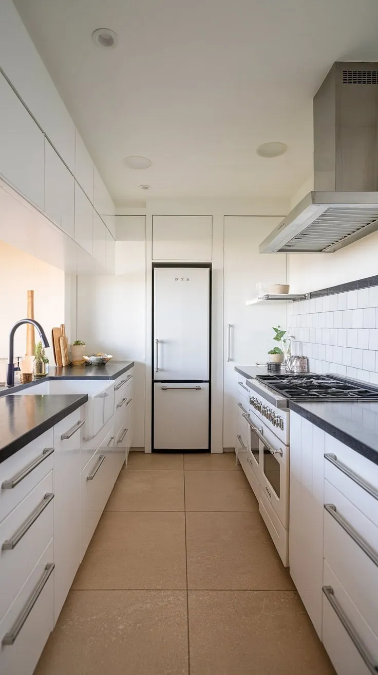 Clean lines and a touch of farmhouse charm define this stunning U-shaped kitchen. The sleek white cabinetry, dark countertop, and stainless steel range hood create a sophisticated yet inviting space, perfect for culinary adventures. The beige tile flooring adds warmth and complements the overall design.