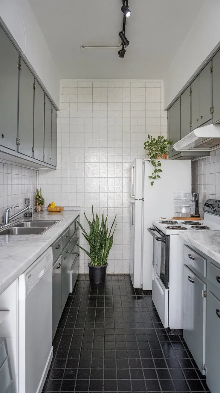 This modern kitchen's white and grey color scheme creates a bright, airy space. The U-shaped design maximizes efficiency, while the marble countertops and stainless steel sink offer both style and practicality. The black accents add a touch of drama to this beautifully functional heart of the home.
