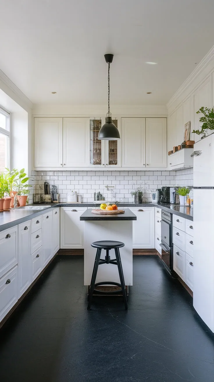 This U-shaped kitchen seamlessly blends modern aesthetics with practical design. The crisp white cabinetry, dark countertops, and sleek black appliances create a sophisticated atmosphere, while the island provides a convenient workspace and casual dining area. The addition of potted plants softens the space, adding a touch of nature to this stylish culinary haven.