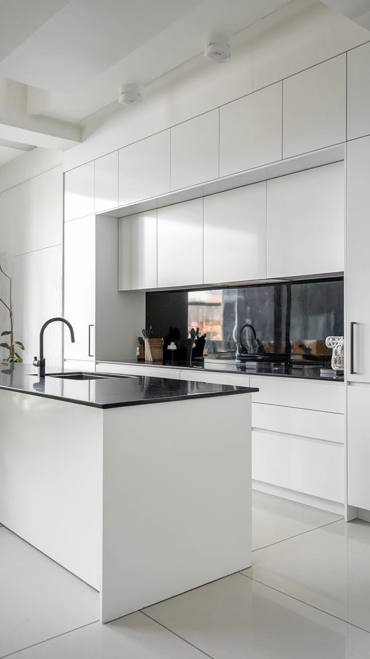 This all-white kitchen, punctuated by a striking black island and backsplash, is the epitome of minimalist chic. The u-shaped design maximizes space and functionality, creating a dream kitchen for both cooking and entertaining. A truly inspiring space.
