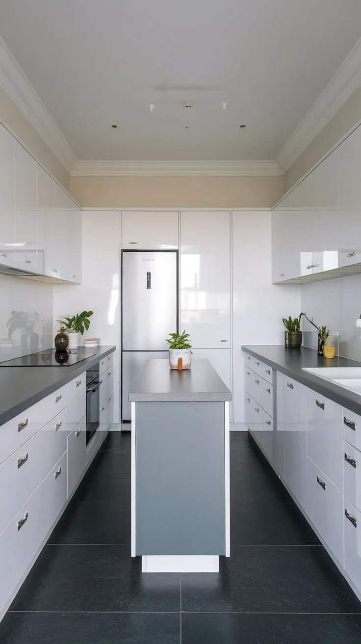 Clean lines and a calming palette define this U-shaped kitchen. The dark grey countertops and flooring provide a sophisticated contrast to the bright white cabinetry, creating a space that's both stylish and functional. A small island adds extra workspace and a touch of understated elegance.