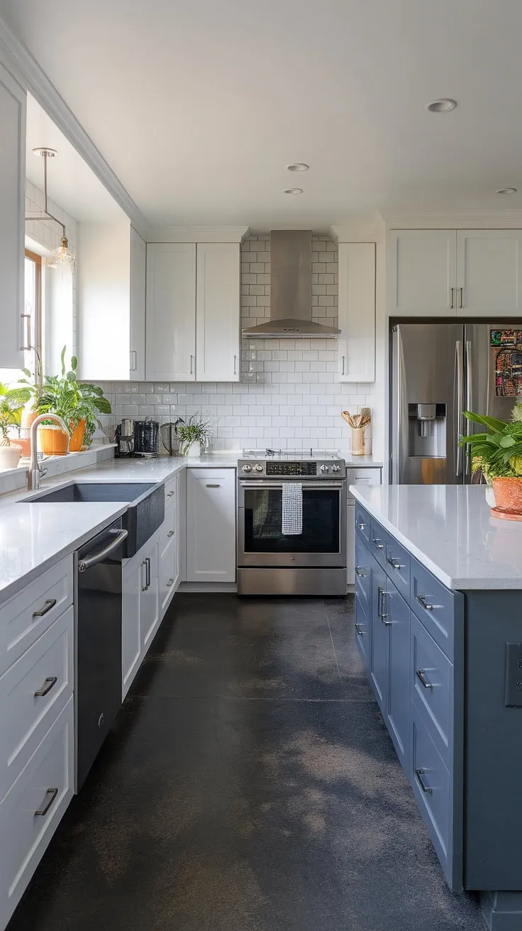 This U-shaped kitchen seamlessly blends modern design with a touch of nature. The crisp white cabinets and quartz countertops create a bright, airy feel, while the dark gray island and concrete flooring add a sophisticated contrast. A thoughtfully curated collection of plants brings life and warmth to the space, perfectly complementing the sleek stainless steel appliances. The white glass backsplash adds a subtle shimmer, completing this stunning and functional culinary haven.