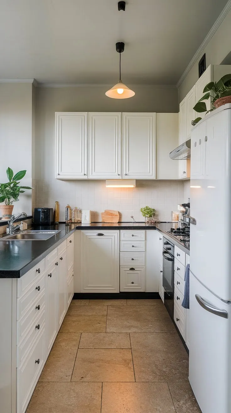 Sleek lines and a sophisticated palette define this U-shaped kitchen. The black countertops offer a striking contrast to the crisp white cabinets, creating a space that's both stylish and functional. A touch of greenery adds warmth.