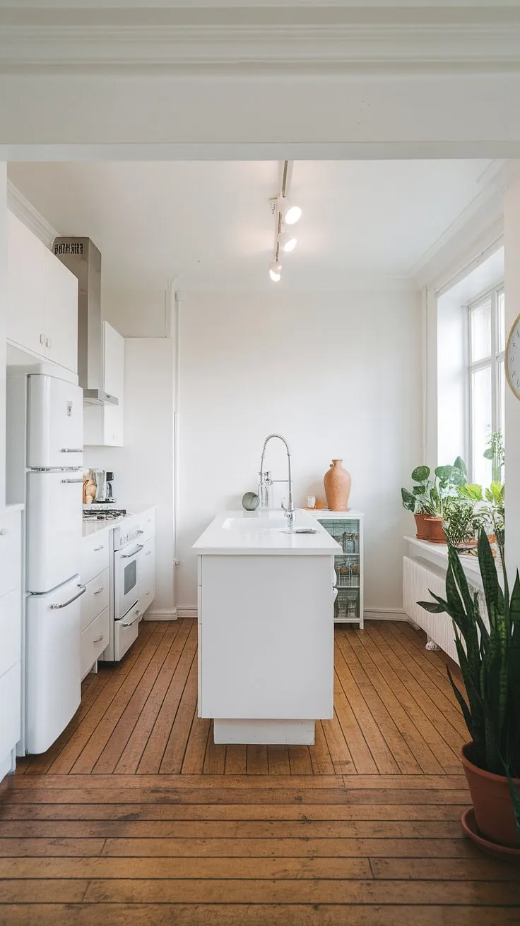 Sunlight streams into this bright, modern U-shaped kitchen, illuminating the sleek white cabinetry and warm wood floors. The central island, complete with a sink, provides a perfect workspace and adds to the airy feel of the space. A touch of greenery from potted plants near the window completes the design.
